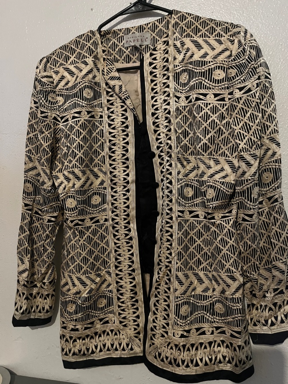 Adrianna Papell Black and Cream Embroidered Open-Front Jacket 100% silk